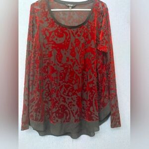 Simply Vera Vera Wang Burnout Velvet Blouse Long Sleeve Red Gray‎ 1X